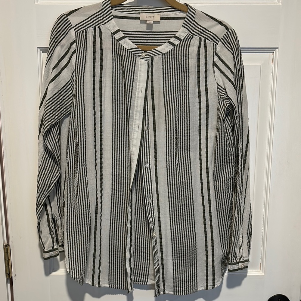 LOFT Green  and White Striped Woman’s  Shirt